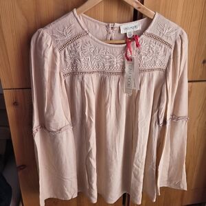 Luna Moon Women's Blush Embroidered Long-Sleeve Embroidered Peasant Top XS